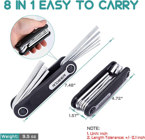 R'DEER 8 in 1 Folding Hex Key Set, Portable Bike Metric Allen Wrench Kit, Comfort Grip, Sizes 1.5mm-8mm