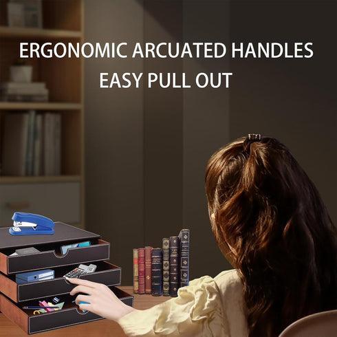 PU Leather Desk Organizer with 3 Drawers, Executive Office Supplies Desktop Filing A4 File Cabinet for Jewelry, Bill,