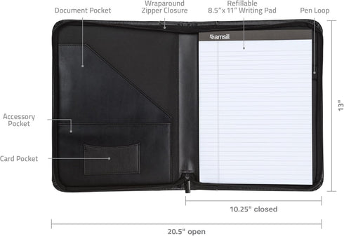 Samsill Contrast Stitch Leather Zippered Portfolio Folder/Business Portfolio for Men and Women, Resume/Document