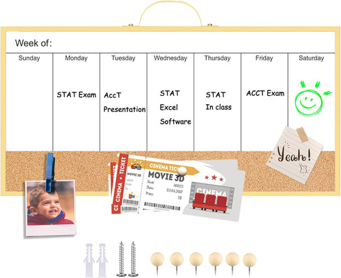 Magnetic Weekly Dry Erase White Board and Cork Board, Mini Whiteboard with Holder for Home Office Wall Decor
