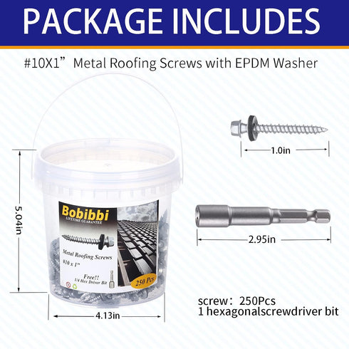 Metal Roofing Screws 10 x 1 inch, Hex Head Sheet Metal Roof Screw with EPDM Washer (250Pcs) for Corrugated Roofing