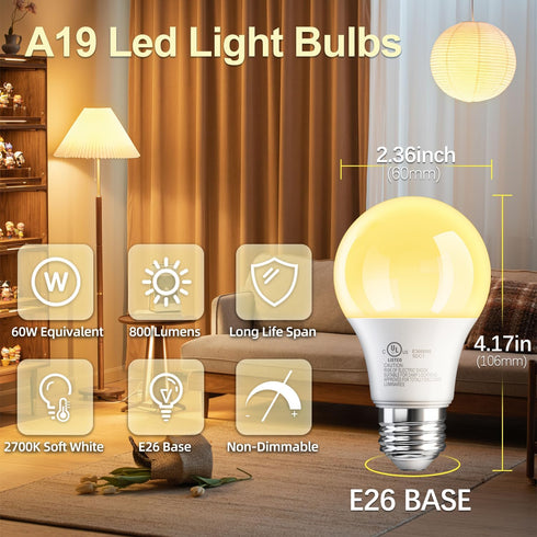 TJOY 6 Pack A19 LED Light Bulbs, 60 Watt Equivalent LED Bulb, Efficient 9W, Soft Warm White 2700K, E26 Standard Base, Non Dimmable Energy Saving Light Bulb, 800LM, 80+ CRI, 120V, UL Listed by TJOY