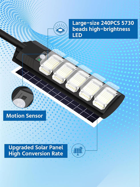6500K IP67Waterfroof, 240PCS 5730LEDs Solar Street Light Outdoor Solar Flood Lights Outdoor Dusk to Dawn, Security