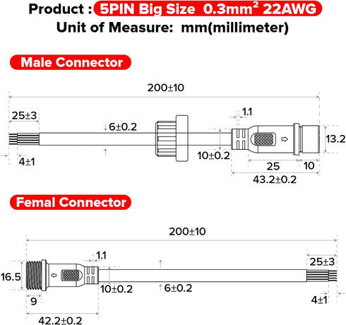 BTF-LIGHTING 5 Pin Electrical Connector 22AWG IP65 Male Female Connector 7.87in/20cm Extension Cable for LED Strip
