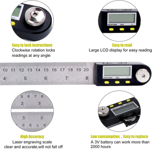 Delgada 200mm/8 Inches Digital Angle Finder Ruler - Stainless Steel Protractor for Woodworking and Construction