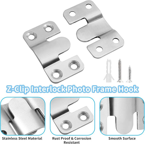 6 Pairs Flush Mount Bracket, 54 x 30mm Interlocking Picture Hanging Hooks, Stainless Steel Photo Frame Hook for