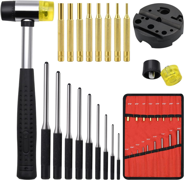 LFSEMINI Pin Punch Set, 22pcs Removing Repair Tools, Including Universal Block, Brass Pin