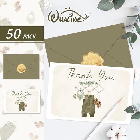 50 Pack Whaline Baby Shower Thank You Cards Boxed Vintage Green Cloth Note Cards with Envelopes Stickers Greeting Blank