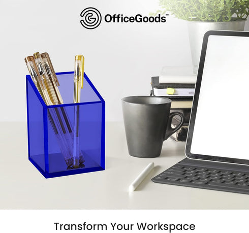 OfficeGoods Acrylic Pen & Pencil Holder, Modern Trapezoid Design Desk Organizer for Home or Office - Blue with Metal