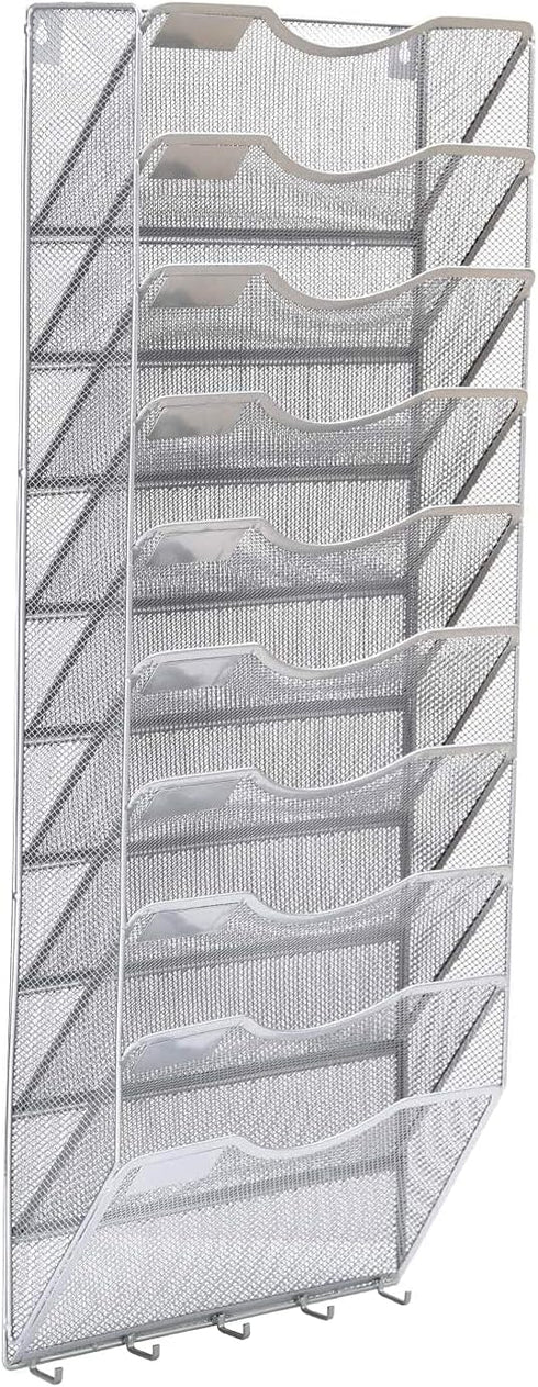 EasyPAG 10 Pocket Hanging File Organizer, Wall Mount Vertical File Holder with 5 Key Hooks, Silver for Office and