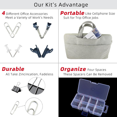 Variety Office Supplies Clips Kit with Box, Binder Clips, Paper Clips, Hinge Clips, Push Pins for Home, School, and