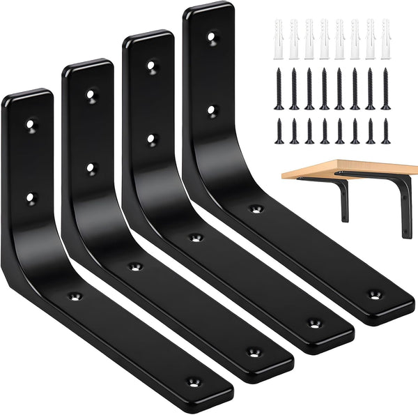 Black Wall Shelf Brackets, 8 x 6 Inch Iron Metal Shelf Brackets