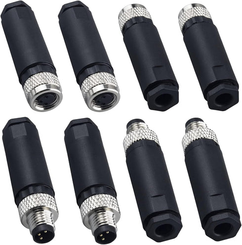 M8 3 Pin Male & Female Socket Panel Aviation Wire Connector, 8mm Industrial Circular Sensor, 4 Sets, Outdoor Waterproof