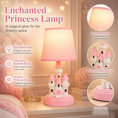 Ecliptix 14 Inch Bulb Kids Table Lamp, Adorable Castle Style Kids Desk Lamp, Pink Bedside Lamp Ideal for Girls Bedroom