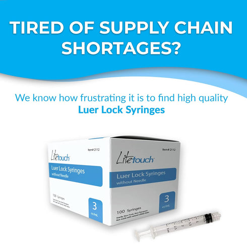 3mL Sterile Luer Lock Syringe, Individually Sealed - 100 Syringes per Box (no needle)