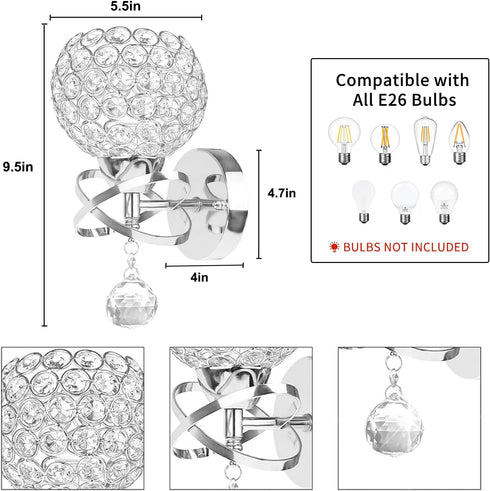 TISLYCO Silver Crystal Sconces - Modern Wall Lighting with Hanging Crystal Ball, Wall Mount Lamp for Bedroom, Living