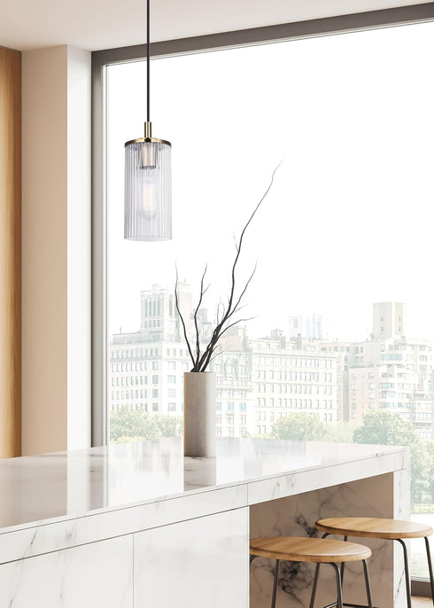 1 Canarm Kinslea Light Pendant Light, Gold Finish with Ribbed Glass Shade, Adjustable Black Cord, Contemporary Lighting