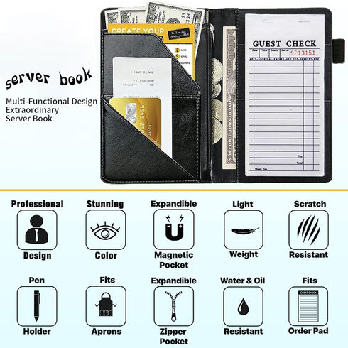 RAUEDWDJS Server Book for Waitress with Everlasting Pencil, Money Pocket Leather Wallet Booklet, Guest Check Receipt