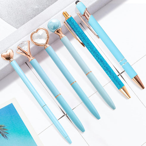 Fancy Pens for Women, 6 Pcs Blue Pens Ballpoint Pens Bulk, 1.0mm Medium Point Black Ink Pens for Note Taking, Cute Pens Smooth Writing Pens Gifts for Nurse Teacher (Blue) by YOXMJDB