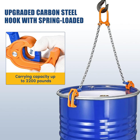 FAHKNS 2000lbs/1T Chain Drum Lifter with G80 Lifting Chain for 55 Gallon Drums, Oil Barrel Clamp Transport Tool
