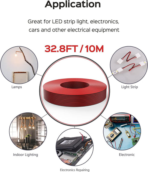 18AWG 2 Wire Electrical Cord, JACKYLED 2 Conductor 10M/32.8ft Wire for LED Strips, 12V/24V DC Cable