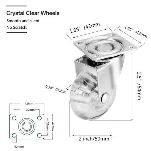 4 Pack Swivel Caster Wheels for Furniture, 2 Inch Heavy Duty Castor Wheels,YAEMIKY Crystal Clear Polyurethane Rolling Castors with 360 Degree Plate for Cabinet,Ottoman,Bench (500 Lbs,Screws Included)