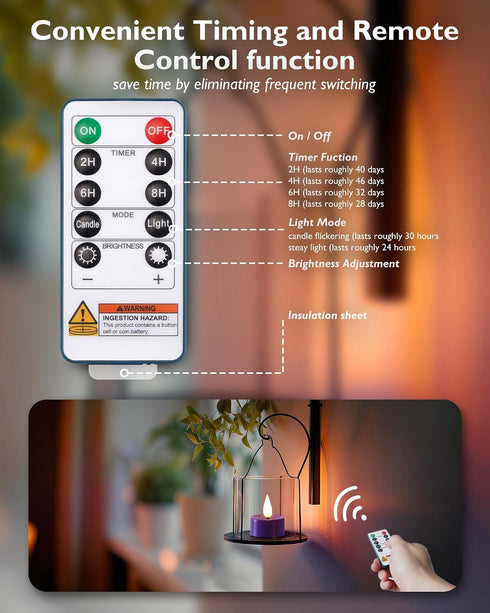 3D 300+Hour Set 24 Amagic Flameless Purple Timer Remote Tealights Candles, Black Wick Flickering Tea Light, Colored