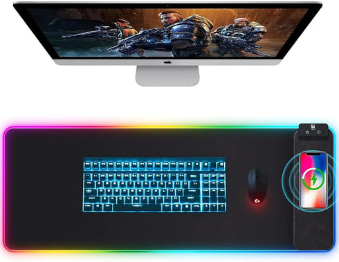 Large RGB Gaming Mouse Pad with Wireless Charging, 10 LED Colors, Ultra-Smooth Surface & Non-Slip Rubber Base,