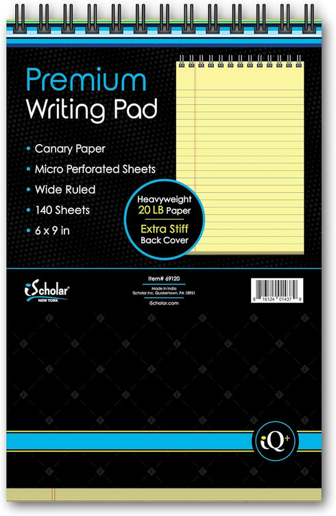 iScholar iQ+ Premium Writing Pad, Canary, 6" x 9", 140 Sheets, Double-Wire (69120)