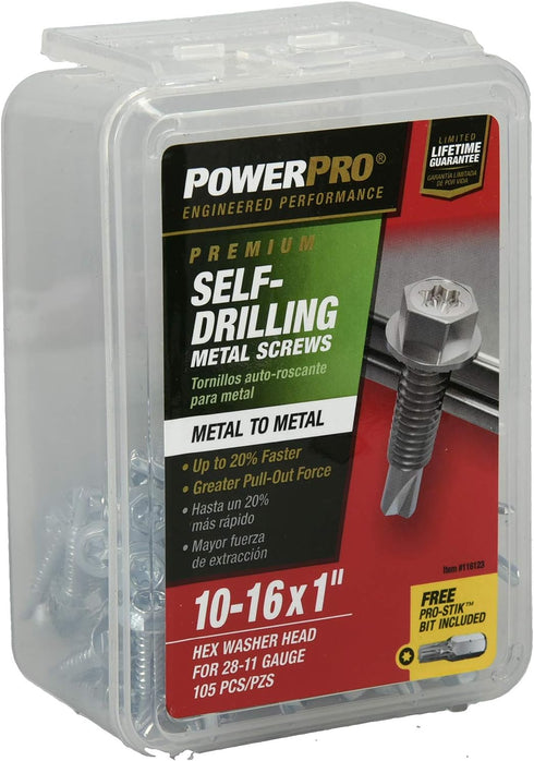 Power Pro Premium Self-Drilling Metal Screws, Zinc Plated Steel, Box of 105 Screws, #10 x 1 inch