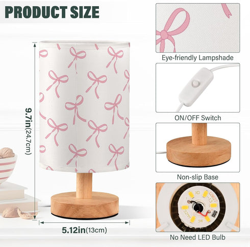 CTYSHTDL Bedside Lamp Bow Pink White Table Lamp for Bedroom LED Nightstand Lamp Shade USB Ports Wood Base for Living