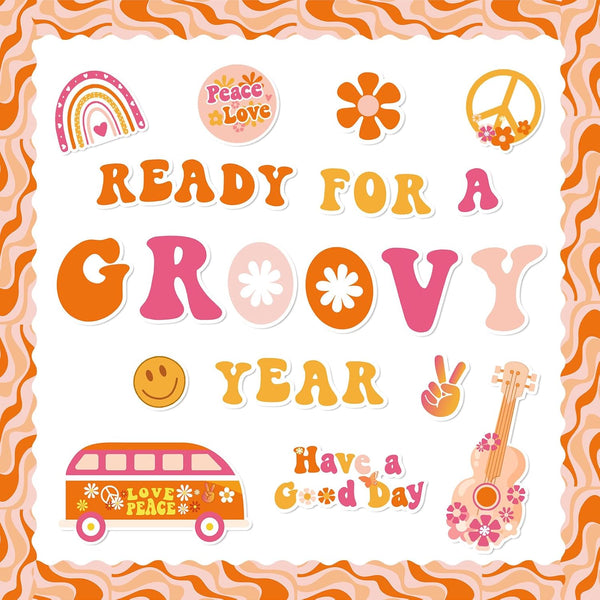 Whaline 60Pcs Groovy Retro Boho Bulletin Board Kit, Pink Orange Rainbow Flower Cutouts for Classroom Office Decor