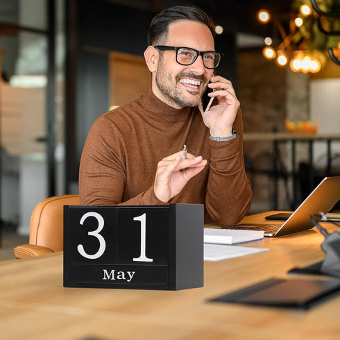 DEERINE Wooden Block Calendar for Desk, Large Size Daily Desktop Perpetual Desk Calendar, Cute Date Display Desk