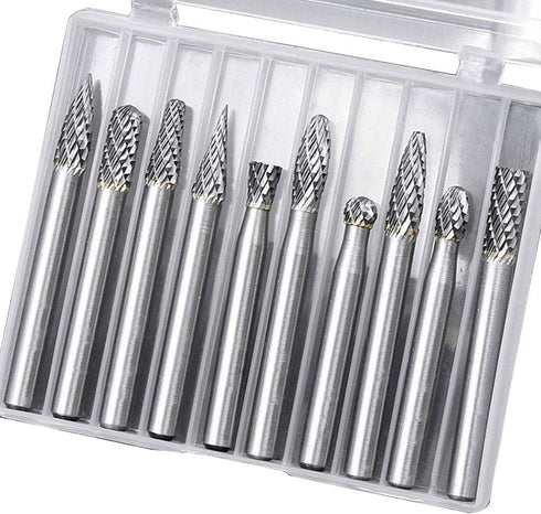 10pc Tungsten Carbide Burr Set, 1/4" Shank Double Cut Rotary Cutting Bits for Woodworking