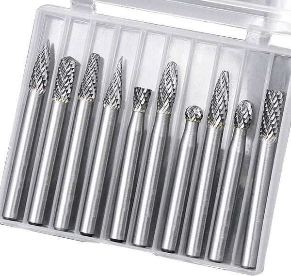 10pc Tungsten Carbide Burr Set, 1/4" Shank Double Cut Rotary Cutting Bits for Woodworking