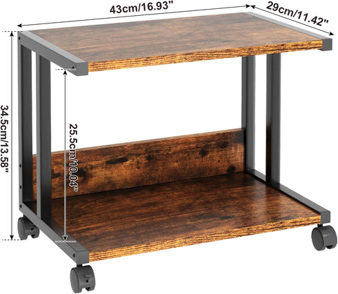 IBUYKE Under Desk Printer Stand, 2 Tier Mobile Home Organizer Shelf with 4 Wheels for Printer, Rustic Brown UTLJ007H