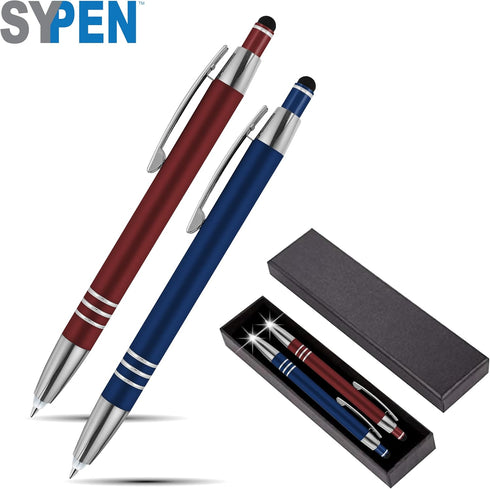 SyPen Luxury Pen Gift Set, 2 Rubberized Metal Ballpoint Pens + Night Writer LED Flashlight + Stylus for Touchscreens,