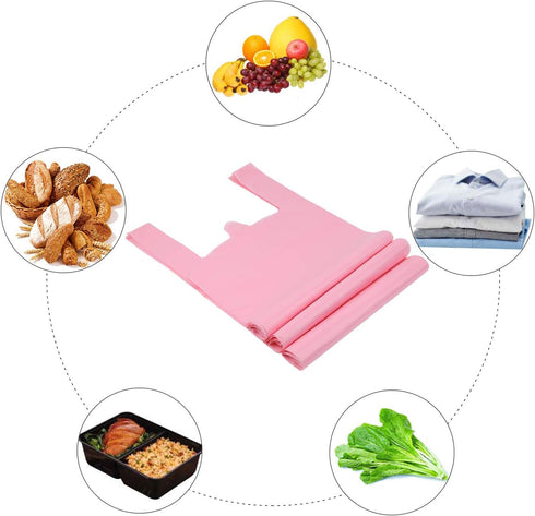 T Shirt Bags, Pink Plastic Grocery Bags with Handles, Bolsas De Plastico Para Negocio, 12x20 Inches (50 pcs)