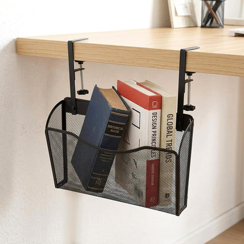 kenaeooe Under Desk Drawer Clamp On Mesh Metal Desk Side Storage Hanging Organizer with Adjustable F-Clamp for Office