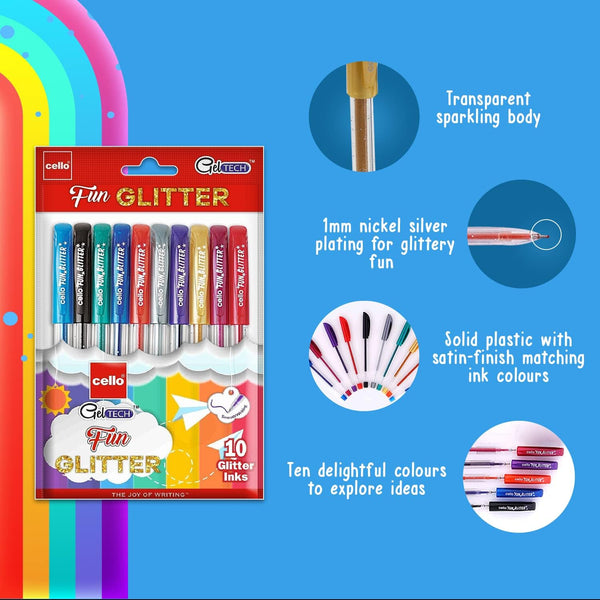 Cello Fun Glitter Gel Pen, 10 Sparkler Color Pens