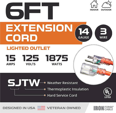 Iron Forge Cable 6 ft Lighted Outdoor Extension Cord - 14 Gauge 15 Amp Heavy Duty Power Cords - Orange