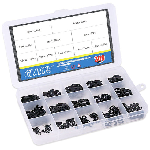 Glarks 300-Pieces Black Alloy Steel E-Clip External Retaining Ring Washer Assortment Set