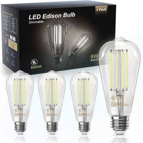 TJOY Edison Light Bulbs, 60W Equivalent, Dimmable Vintage LED, E26 Medium Base, 5000K Daylight, ST58, 8W, 800LM, 4 Pack