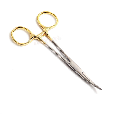 Premium German Stainless Steel, Set of 2 PCS Gold Handle Mosquito Locking HEMOSTAT Forceps, Straight + Curved 5"