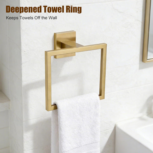 5-Pieces Set, 304 24.48 Inch Set Brushed Gold Bathroom Hardware SUS Stainless Steel Square Towel Bar with Towel Ring
