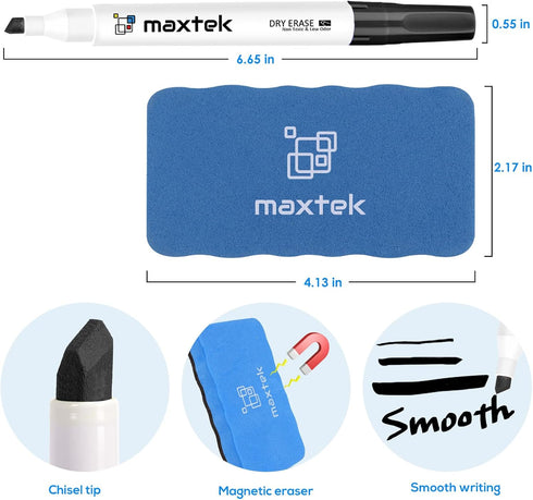 4 Count 1 maxtek Black Dry Erase Markers with Magnetic Eraser, Low Odor Chisel Tip for Office, School, Classroom