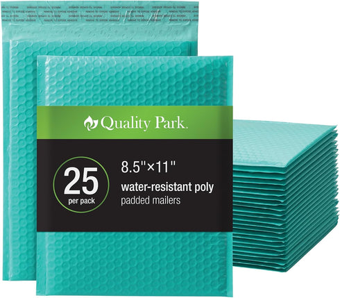 Quality Park Bubble Mailers - 8.25 x 11 Shipping Envelopes, Water Resistant Teal Poly Padded Envelopes, 25 Per Box