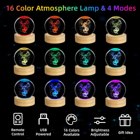 Vuebkkry 3D 16 60mm Dragon Crystal Ball Night Light with Colors, Cool Dragon Statue Figurines Glass Decor Lamp