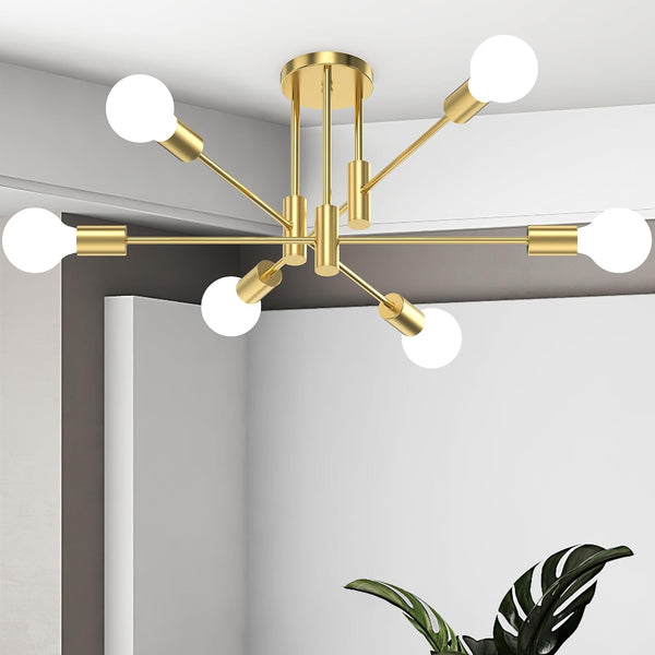 6-Light Sputnik Chandelier Gold, Mid-Century Modern Ceiling Light Fixture for Dining Room,