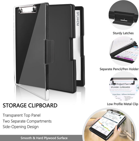 Clipboard with Storage, Heavy Duty Clip Boards 8.5x11 with 2 Storage Cases, Clear Visible Top Panel, Side Opening Clip